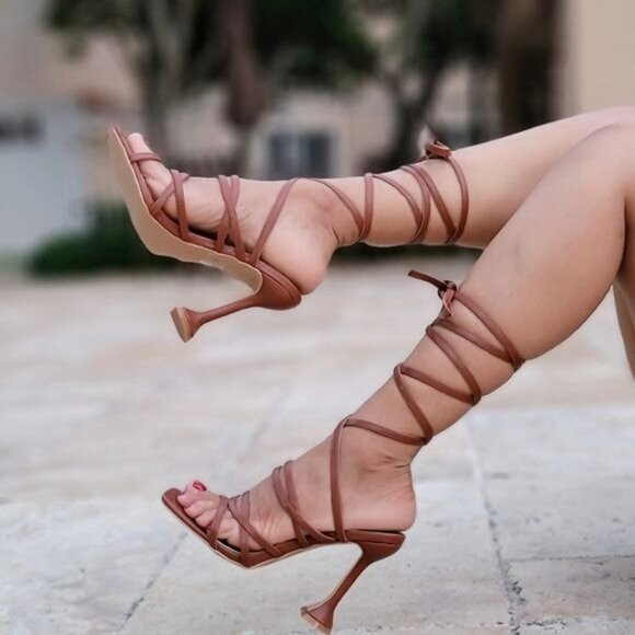 Women's Brown Strappy Pyramid Heel Gladiator Sandals - Picture 5 of 6